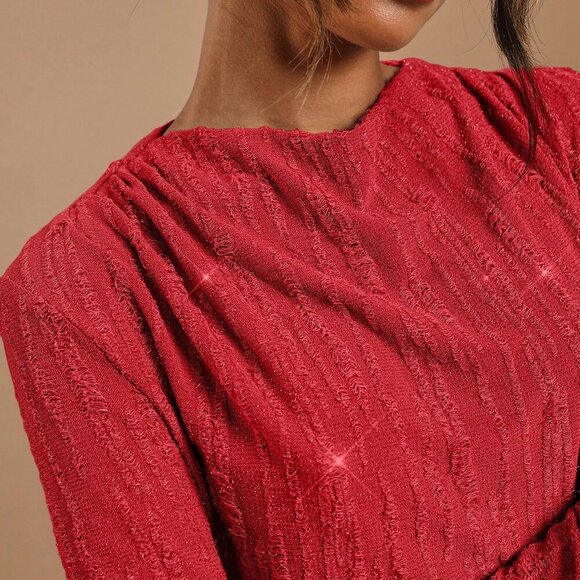 Red Party Women's Stand Collar Long Sleeve Sparkling Luxury Long Dress - Picture 5 of 5